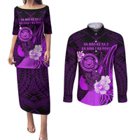 Personalised Hawaii State Motto Couples Matching Puletasi and Long Sleeve Button Shirt Hawaiian Tribal Purple Hammerhead Shark LT05 Purple - Polynesian Pride