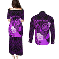 Personalised Hawaii State Motto Couples Matching Puletasi and Long Sleeve Button Shirt Hawaiian Tribal Purple Hammerhead Shark LT05 - Polynesian Pride