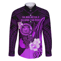 Personalised Hawaii State Motto Family Matching Mermaid Dress and Hawaiian Shirt Hawaiian Tribal Purple Hammerhead Shark LT05 Dad's Shirt - Long Sleeve Purple - Polynesian Pride