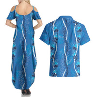 Hawaii Maile Lei Couples Matching Summer Maxi Dress and Hawaiian Shirt With Blue Monstera Pattern