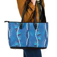 Hawaii Maile Lei Leather Tote Bag With Blue Monstera Pattern