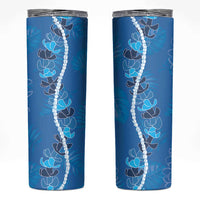 Hawaii Maile Lei Skinny Tumbler With Blue Monstera Pattern