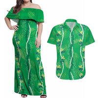 Hawaii Maile Lei Couples Matching Off Shoulder Maxi Dress and Hawaiian Shirt With Green Monstera Pattern