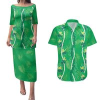 Hawaii Maile Lei Couples Matching Puletasi and Hawaiian Shirt With Green Monstera Pattern