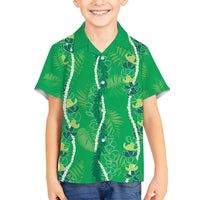 Hawaii Maile Lei Family Matching Off Shoulder Short Dress and Hawaiian Shirt With Green Monstera Pattern