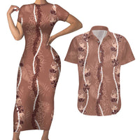Hawaii Maile Lei Couples Matching Short Sleeve Bodycon Dress and Hawaiian Shirt With Brown Monstera Pattern