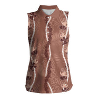 Hawaii Maile Lei Women Sleeveless Polo Shirt With Brown Monstera Pattern