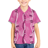 Hawaii Maile Lei Family Matching Off The Shoulder Long Sleeve Dress and Hawaiian Shirt With Pink Monstera Pattern