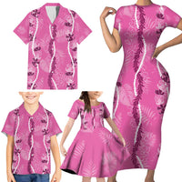 Hawaii Maile Lei Family Matching Short Sleeve Bodycon Dress and Hawaiian Shirt With Pink Monstera Pattern