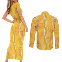 Hawaii Maile Lei Couples Matching Short Sleeve Bodycon Dress and Long Sleeve Button Shirt With Yellow Monstera Pattern