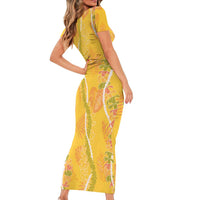 Hawaii Maile Lei Family Matching Short Sleeve Bodycon Dress and Hawaiian Shirt With Yellow Monstera Pattern