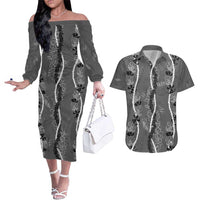 Hawaii Maile Lei Couples Matching Off The Shoulder Long Sleeve Dress and Hawaiian Shirt With Gray Monstera Pattern