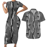 Hawaii Maile Lei Couples Matching Short Sleeve Bodycon Dress and Hawaiian Shirt With Gray Monstera Pattern