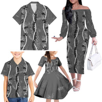 Hawaii Maile Lei Family Matching Off The Shoulder Long Sleeve Dress and Hawaiian Shirt With Gray Monstera Pattern