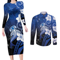 Polynesia Hammerhead Shark Couples Matching Long Sleeve Bodycon Dress and Long Sleeve Button Shirt Blue Tribal Pattern With Plumeria - Polynesian Pride