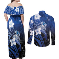 Polynesia Hammerhead Shark Couples Matching Off Shoulder Maxi Dress and Long Sleeve Button Shirt Blue Tribal Pattern With Plumeria - Polynesian Pride