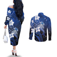 Polynesia Hammerhead Shark Couples Matching Off The Shoulder Long Sleeve Dress and Long Sleeve Button Shirt Blue Tribal Pattern With Plumeria - Polynesian Pride