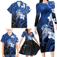 Polynesia Hammerhead Shark Family Matching Long Sleeve Bodycon Dress and Hawaiian Shirt Blue Tribal Pattern With Plumeria LT05 - Polynesian Pride
