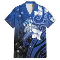 Polynesia Hammerhead Shark Family Matching Long Sleeve Bodycon Dress and Hawaiian Shirt Blue Tribal Pattern With Plumeria LT05 Dad's Shirt - Short Sleeve Blue - Polynesian Pride