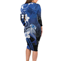 Polynesia Hammerhead Shark Family Matching Long Sleeve Bodycon Dress and Hawaiian Shirt Blue Tribal Pattern With Plumeria LT05 - Polynesian Pride