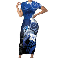 Polynesia Hammerhead Shark Family Matching Short Sleeve Bodycon Dress and Hawaiian Shirt Blue Tribal Pattern With Plumeria LT05 Mom's Dress Blue - Polynesian Pride