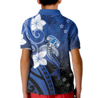 Polynesia Hammerhead Shark Kid Polo Shirt Blue Tribal Pattern With Plumeria - Polynesian Pride