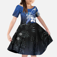 Polynesia Hammerhead Shark Kid Short Sleeve Dress Blue Tribal Pattern With Plumeria - Polynesian Pride