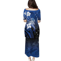 Polynesia Hammerhead Shark Puletasi Blue Tribal Pattern With Plumeria - Polynesian Pride