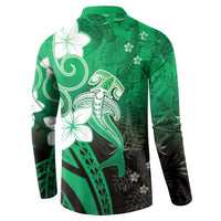 Polynesia Hammerhead Shark Button Sweatshirt Green Tribal Pattern With Plumeria - Polynesian Pride
