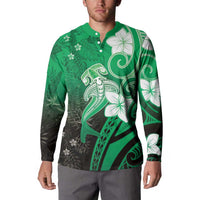 Polynesia Hammerhead Shark Button Sweatshirt Green Tribal Pattern With Plumeria - Polynesian Pride