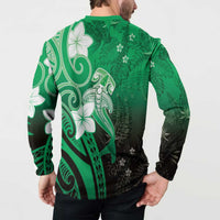 Polynesia Hammerhead Shark Button Sweatshirt Green Tribal Pattern With Plumeria - Polynesian Pride