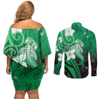 Polynesia Hammerhead Shark Couples Matching Off Shoulder Short Dress and Long Sleeve Button Shirt Green Tribal Pattern With Plumeria - Polynesian Pride