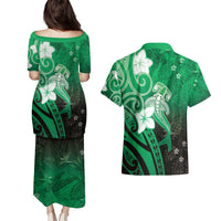 Polynesia Hammerhead Shark Couples Matching Puletasi and Hawaiian Shirt Green Tribal Pattern With Plumeria - Polynesian Pride