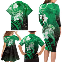 Polynesia Hammerhead Shark Family Matching Long Sleeve Bodycon Dress and Hawaiian Shirt Green Tribal Pattern With Plumeria LT05 - Polynesian Pride