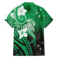 Polynesia Hammerhead Shark Family Matching Off Shoulder Short Dress and Hawaiian Shirt Green Tribal Pattern With Plumeria - Polynesian Pride