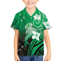 Polynesia Hammerhead Shark Kid Hawaiian Shirt Green Tribal Pattern With Plumeria - Polynesian Pride