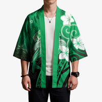 Polynesia Hammerhead Shark Kimono Green Tribal Pattern With Plumeria - Polynesian Pride