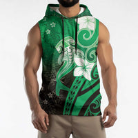 Polynesia Hammerhead Shark Sleeveless Hoodie Green Tribal Pattern With Plumeria - Polynesian Pride