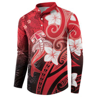 Polynesia Hammerhead Shark Button Sweatshirt Red Tribal Pattern With Plumeria - Polynesian Pride
