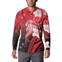 Polynesia Hammerhead Shark Button Sweatshirt Red Tribal Pattern With Plumeria - Polynesian Pride
