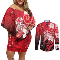 Polynesia Hammerhead Shark Couples Matching Off Shoulder Short Dress and Long Sleeve Button Shirt Red Tribal Pattern With Plumeria - Polynesian Pride