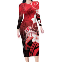 Polynesia Hammerhead Shark Family Matching Long Sleeve Bodycon Dress and Hawaiian Shirt Red Tribal Pattern With Plumeria LT05 Mom's Dress Red - Polynesian Pride