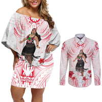 New Zealand Women's Day Couples Matching Off Shoulder Short Dress and Long Sleeve Button Shirt Maori Wahine Polynesian Pattern LT05 White - Polynesian Pride