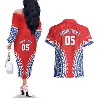 Custom Tuamotu Archipelago Couples Matching Off The Shoulder Long Sleeve Dress and Hawaiian Shirt Polynesian Tribal Tattoo LT05 - Polynesian Pride