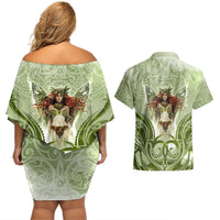 New Zealand Maori Fairy Patupaiarehe Couples Matching Off Shoulder Short Dress and Hawaiian Shirt Polynesian Style LT05 - Polynesian Pride