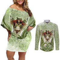 New Zealand Maori Fairy Patupaiarehe Couples Matching Off Shoulder Short Dress and Long Sleeve Button Shirt Polynesian Style LT05 Red - Polynesian Pride