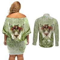 New Zealand Maori Fairy Patupaiarehe Couples Matching Off Shoulder Short Dress and Long Sleeve Button Shirt Polynesian Style LT05 - Polynesian Pride