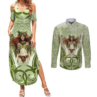 New Zealand Maori Fairy Patupaiarehe Couples Matching Summer Maxi Dress and Long Sleeve Button Shirt Polynesian Style LT05 Red - Polynesian Pride