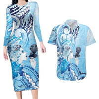 Aotearoa Maori Wahine Couples Matching Long Sleeve Bodycon Dress and Hawaiian Shirt Fantail Bird Blue Gold Marble LT05 Blue - Polynesian Pride