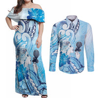 Aotearoa Maori Wahine Couples Matching Off Shoulder Maxi Dress and Long Sleeve Button Shirt Fantail Bird Blue Gold Marble LT05 Blue - Polynesian Pride